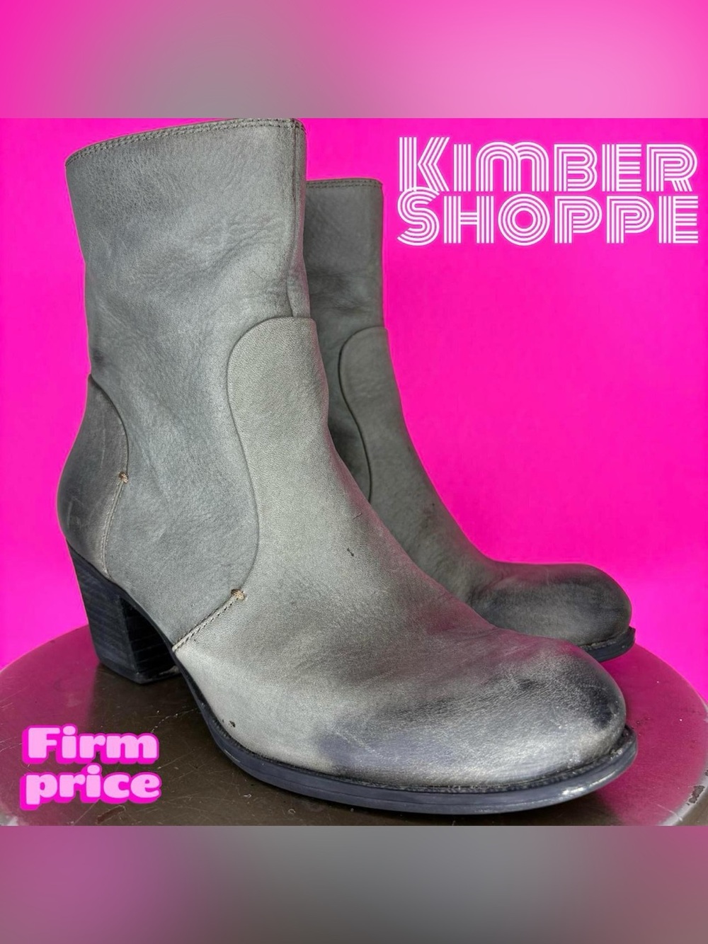 Crown Vintage Distressed Gray Leather Stacked Heel Boot US 7.5 UK 5